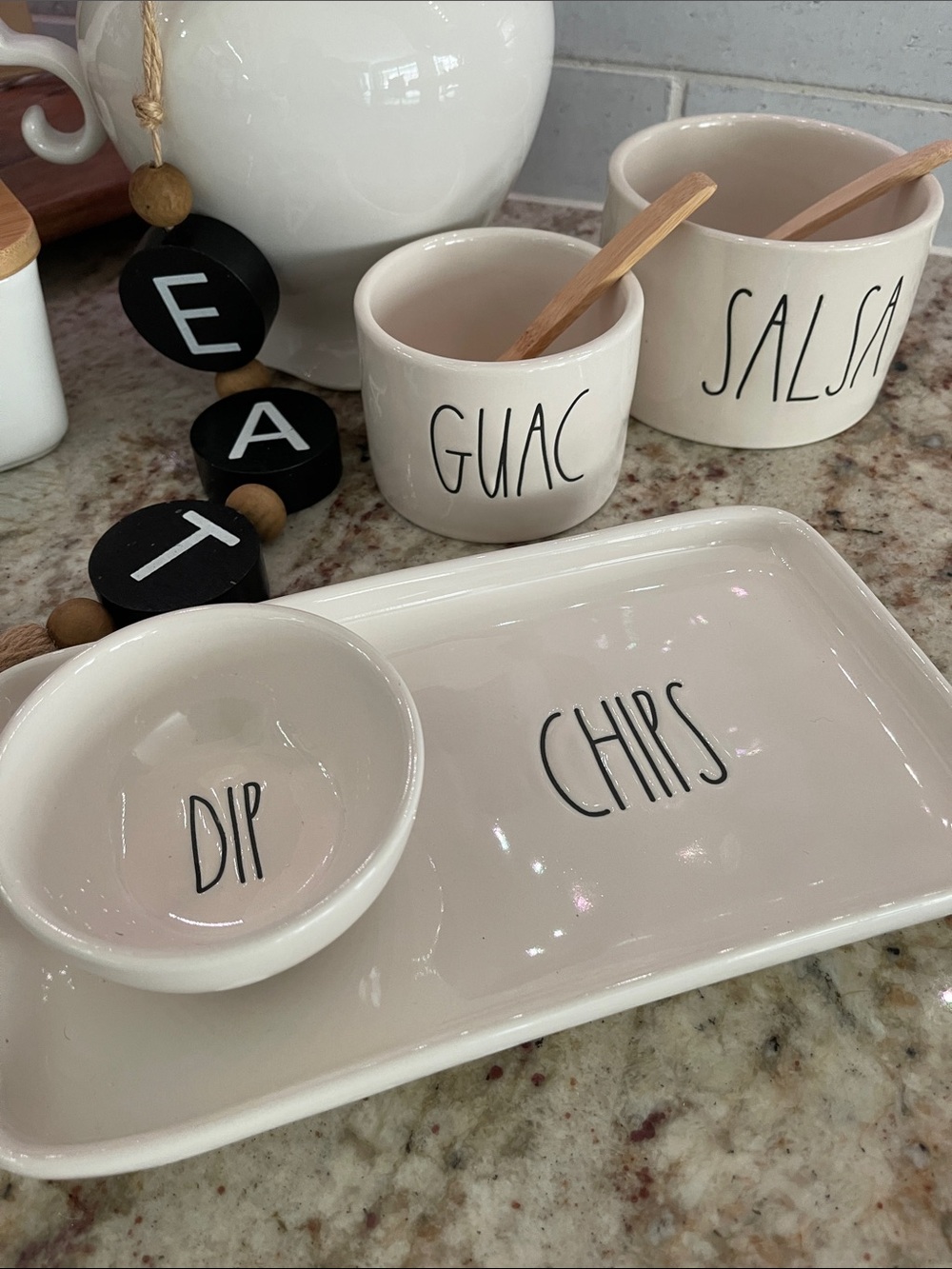 Rae Dunn Cream Labeled Dip, Chips & Snack Serving Set